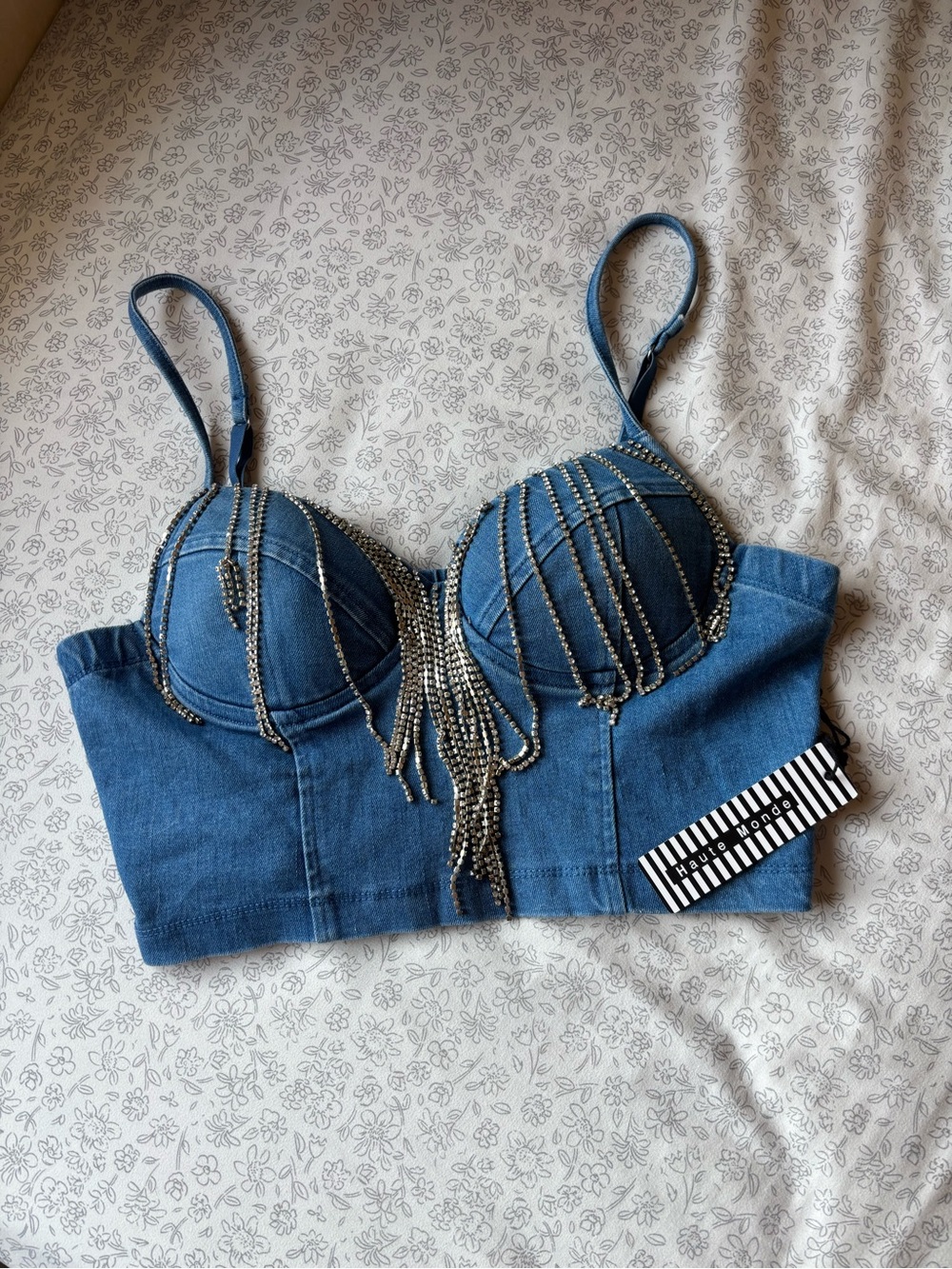 Blue Denim Bustier Crop Top with Rhinestone Fringe